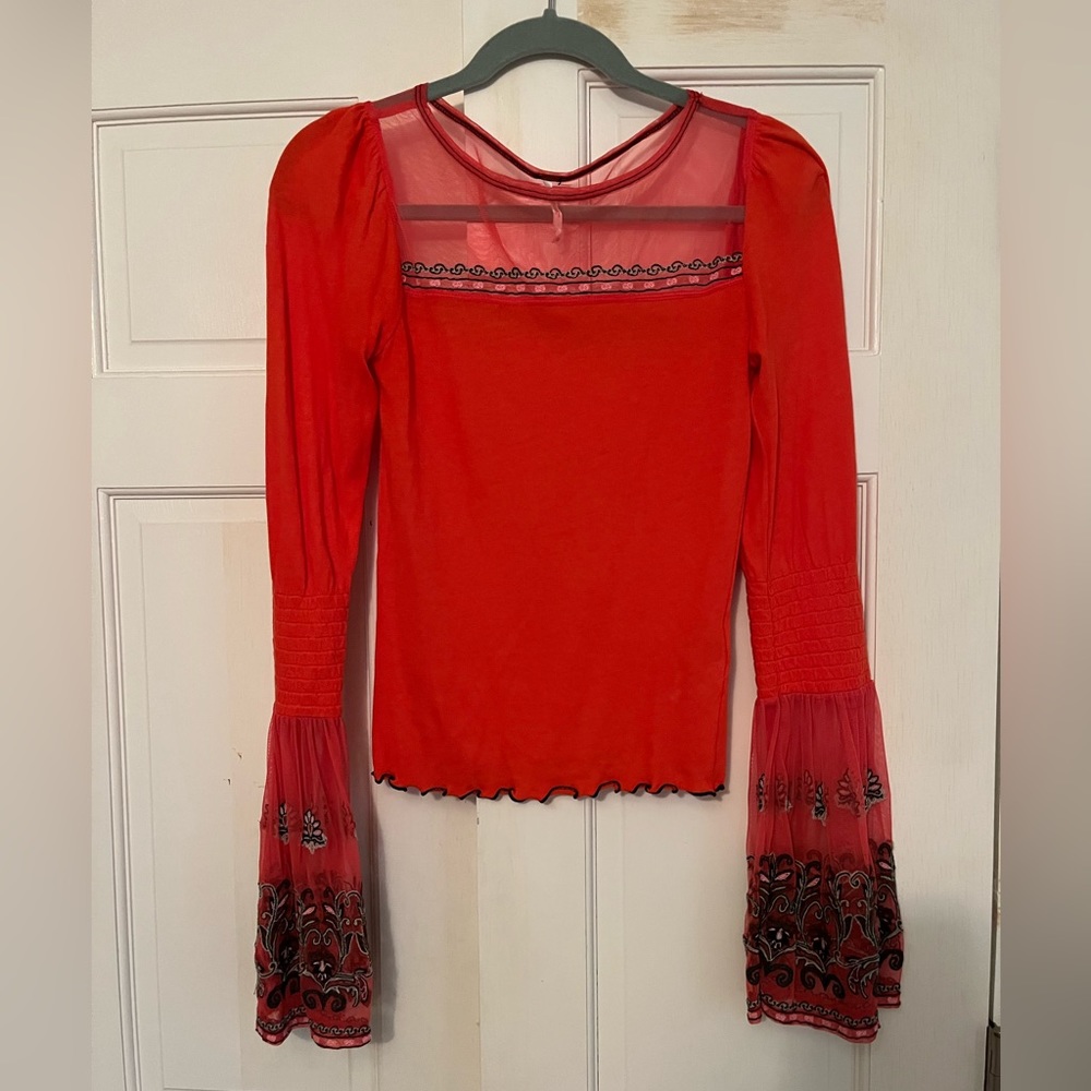 Free People coral embroidered long sleeve shirt size XS